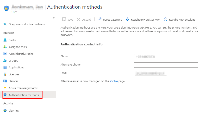 azure user authentication methods panel