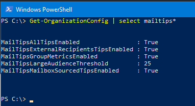 Powershell command output for mailtips